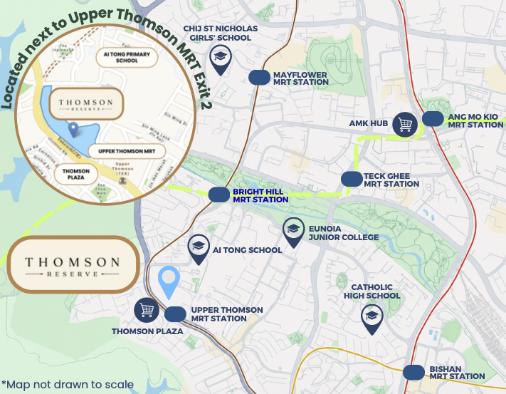 Map showing Thomson Reserve located next to Upper Thomson MRT Exit 2, near Ai Tong Primary School, CHIJ St Nicholas Girls' School, and other amenities