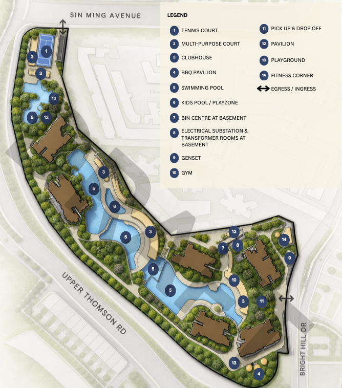 Thomson Reserve site plan showing facilities including tennis court, multi-purpose court, clubhouse, swimming pools, kids pool, gym, playground, pavilion, pick up & drop off, and layout near Sin Ming Avenue, Upper Thomson Road, and Bright Hill Drive